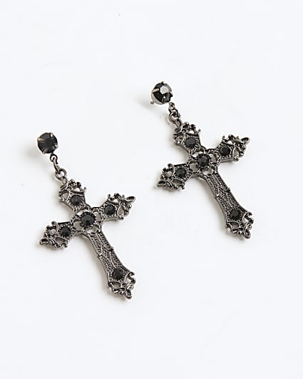 Black diamante gothic Cross drop earrings