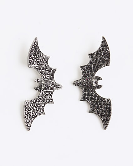 Black diamante bat stud earrings