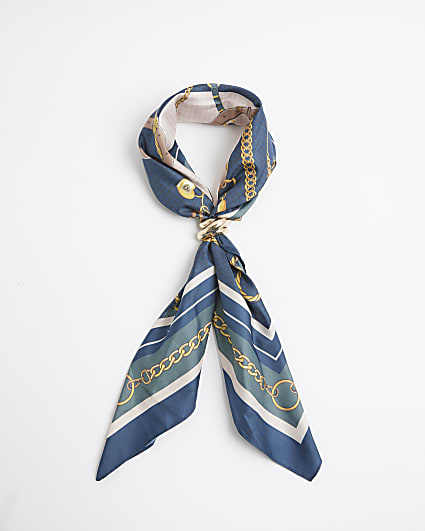 Blue Satin Chain Print Scarf With Ring