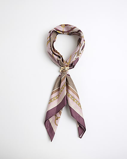 Pink Satin Chain Print Scarf With Ring