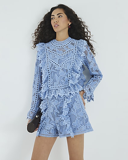 Blue Lace Embroidered Shorts