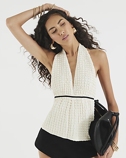 Cream Sleeveless Textured Halter Neck Top