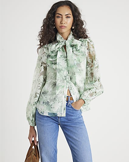 Green Premium Sheer Floral Print Shirt