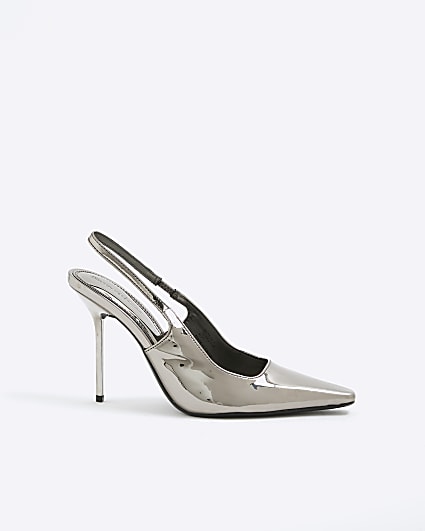 Silver Pointed Toe Slingback Heels