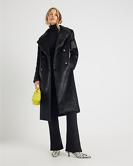 Black Pony Effect Double Breasted Coat