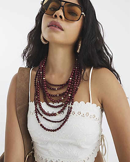 Red Beaded Layered Necklace