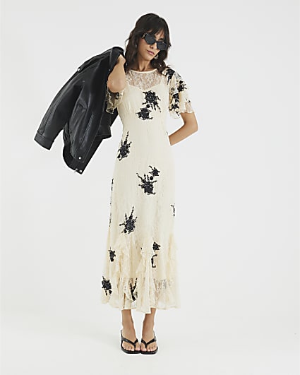 Beige Lace Embellished Maxi Dress