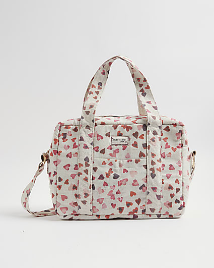 Cream Canvas Heart Print Holdall bag