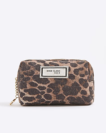 Brown Canvas Leopard Make Up Bag