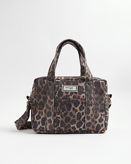 Brown Canvas Leopard Print Holdall Bag