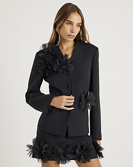 Black 3D Flower Collarless Blazer