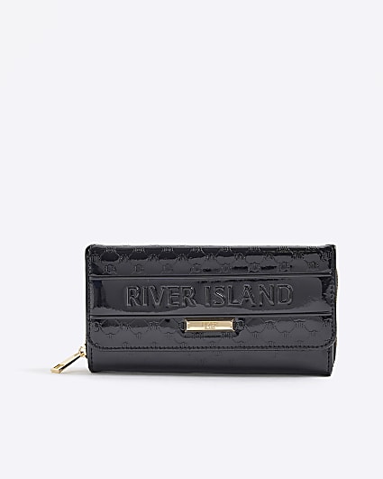 Black Logo Monogram Print Patent Flap Purse