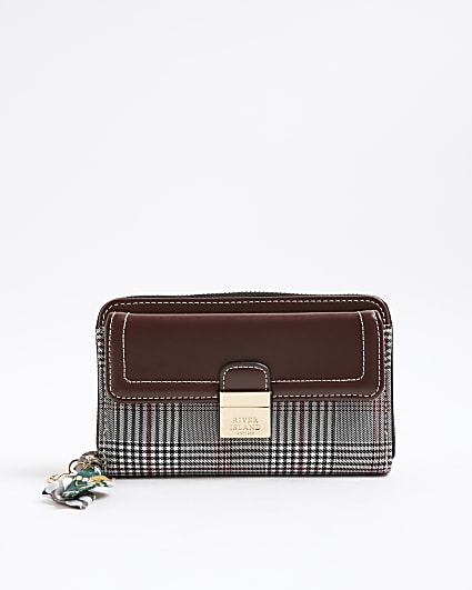 Brown Check Flap Zip Around Purse