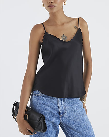 Black Satin Scallop Trim Cami Top