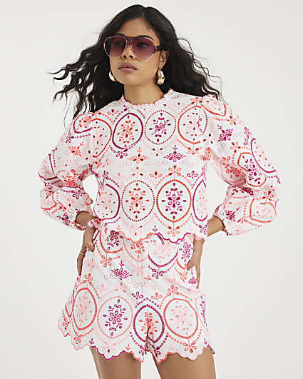 White Long Sleeve Cutwork Detail Blouse