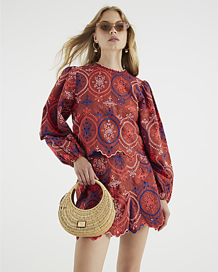 Red Long Sleeve Cutwork Detail Blouse