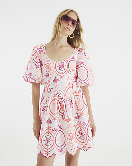 White Short Puff Sleeve Cutwork Mini Dress
