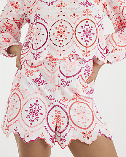 White Embroidered Cutwork Shorts