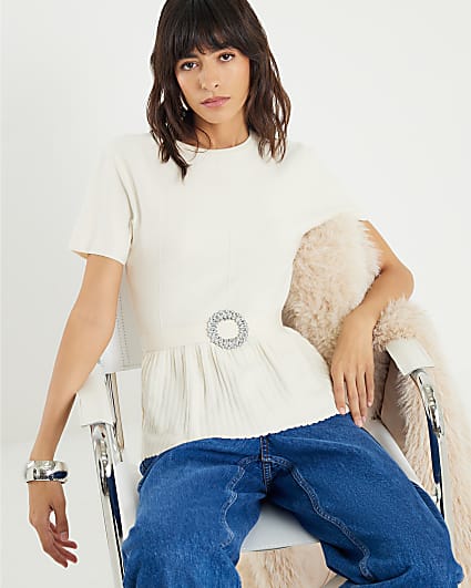 Cream Short sleeve Belted Pleat Top