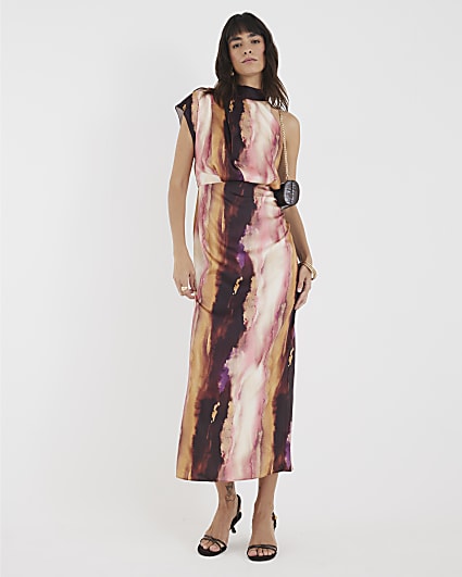 Pink Satin Printed High Neck Midi Dress