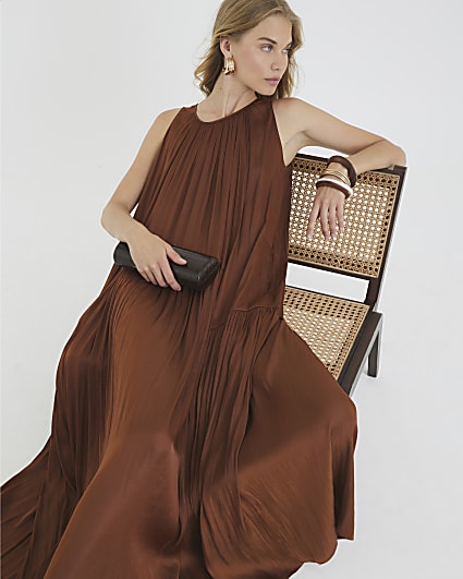 Brown Pleated Maxi Dress