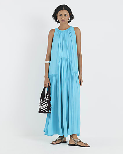 Blue Pleated Maxi Dress