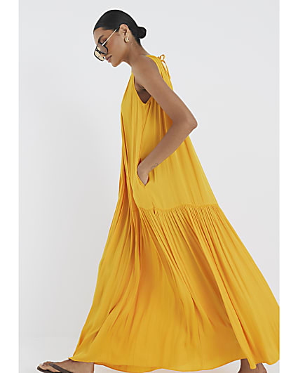Orange Pleated Maxi Dress