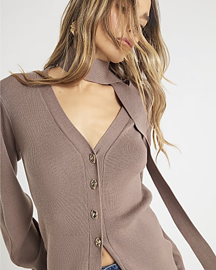 Brown Knitted Tie Neck Cardigan