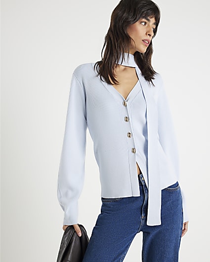 Blue Knitted Tie Neck Cardigan