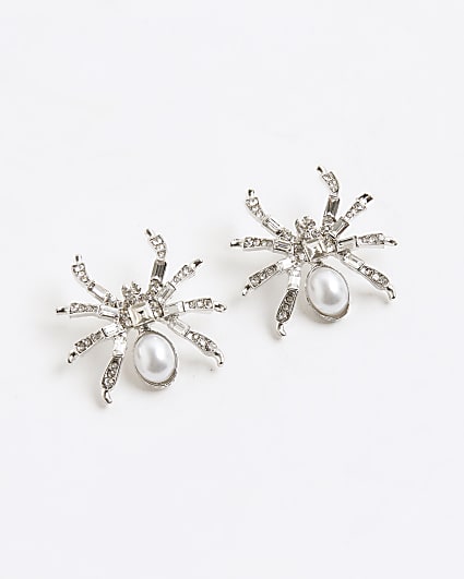 Silver diamante spider stud earrings