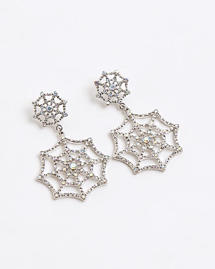 Silver diamante web drop earrings