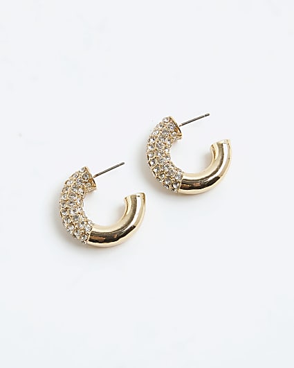 Gold Half Paved Hoop Earrings