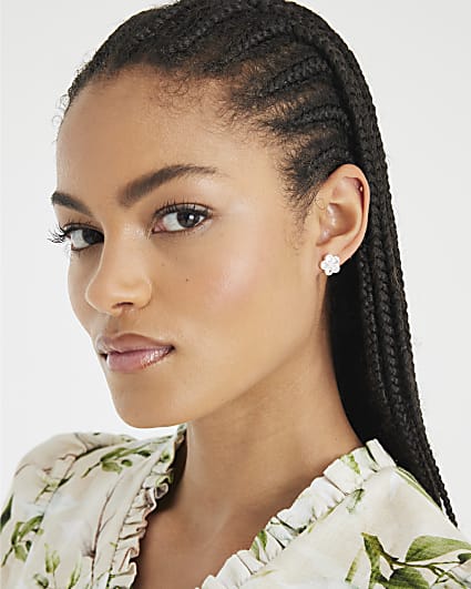 Silver Cubic Zirconia Floral Stud Earrings