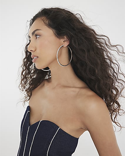 Silver Large Rhinestone Hoop Earrings