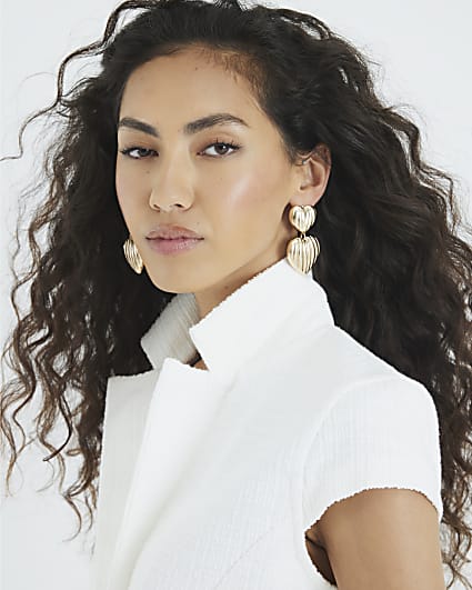 Gold Ridged Heart Drop Earrings