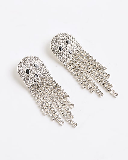 Silver diamante ghost tassel earrings