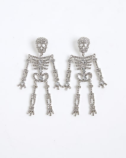Silver diamante skeleton earrings