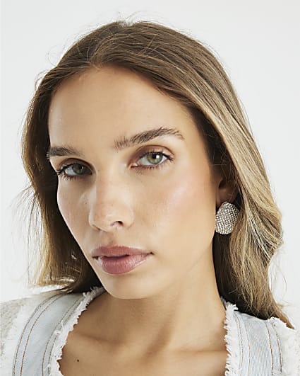 Silver Paved Oval Stud Earrings