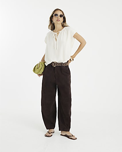 Beige Linen Blend Short Sleeve Tie Front Top