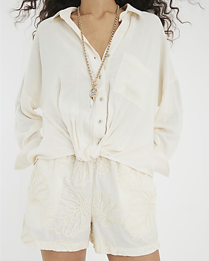 Beige Linen Blend Knot Front Shirt