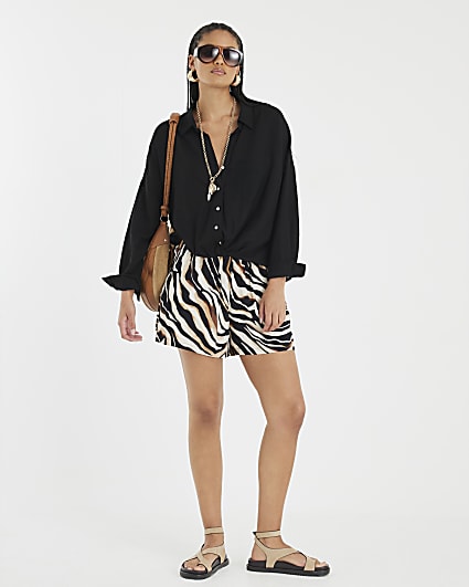 Black Linen Blend Long Sleeve Knot Shirt
