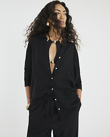 Black Linen Blend Belted Longline Shirt