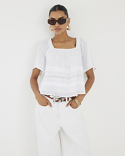 White Short Sleeve Square Neck Blouse
