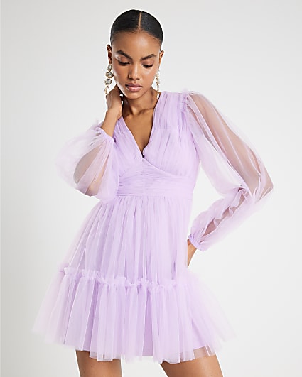 Purple Sheer Long Sleeve Tulle Mini Dress