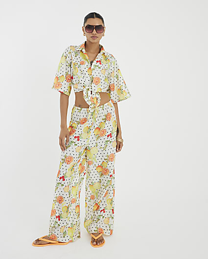White Fruit Print Beach Trousers