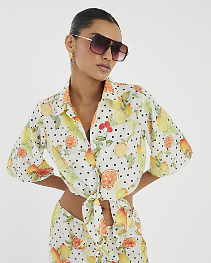 White Fruit Print Beach Shirt