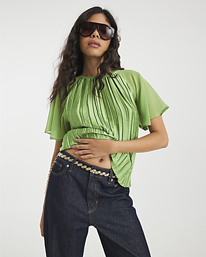 Green Short Sleeve Pleated Hybrid T-shirt