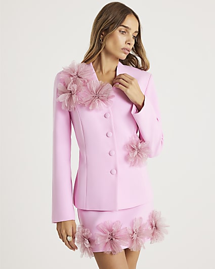 Pink 3D Flower Collarless Blazer