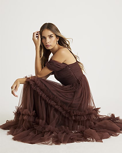 Brown Tulle Ruffle Midi Dress