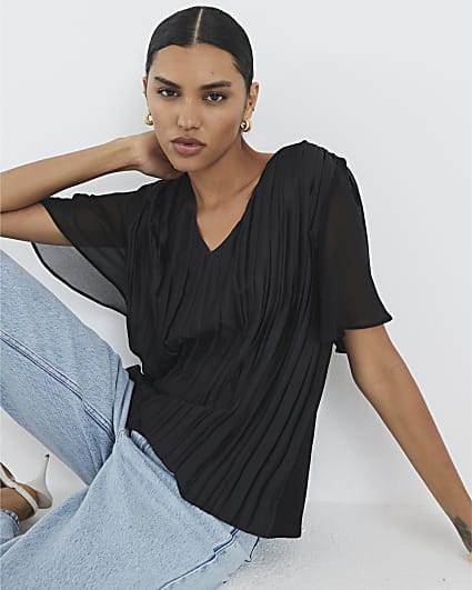 Black V Neck Pleated Hybrid Top